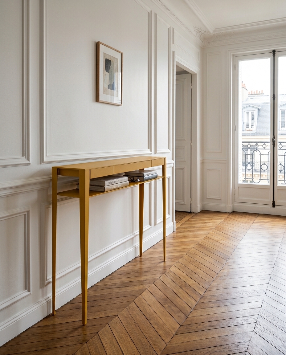 Console Florentine jaune à double plateau et trois tiroirs