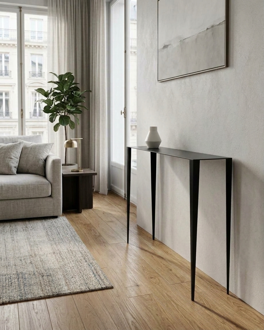 Console Nathalie noire en acier thermolaqué dans un intérieur